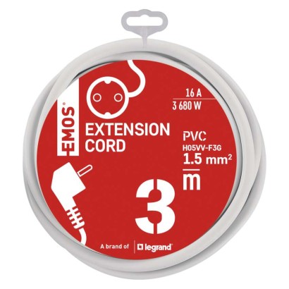 Ilgintuvas 3 m / 1 lizdas / baltas / PVC / 1,5 mm2 