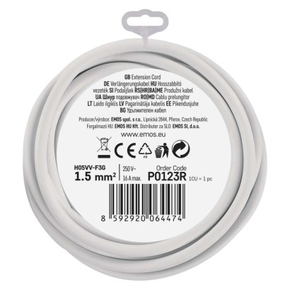 Ilgintuvas 3 m / 1 lizdas / baltas / PVC / 1,5 mm2 