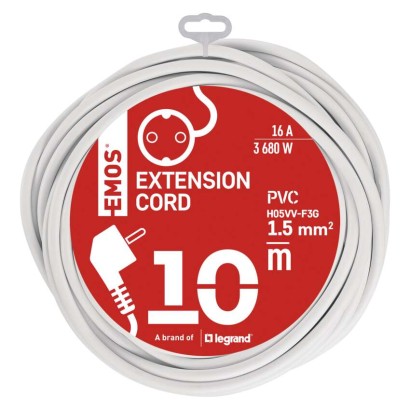 Ilgintuvas 10 m / 1 lizdas / baltas / PVC / 1,5 mm2 