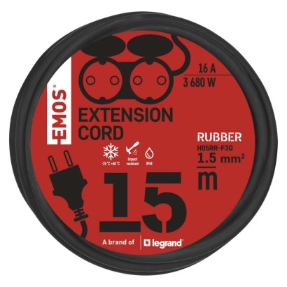 Āra pagarinātājs, 15 m / 2 kontaktligzdas / melns / gumijas / 250 V / 1,5 mm2