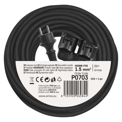 Verlängerungskabel 20 m / 2 Steckdosen / schwarz / Gummi / 250 V / 1,5 mm2