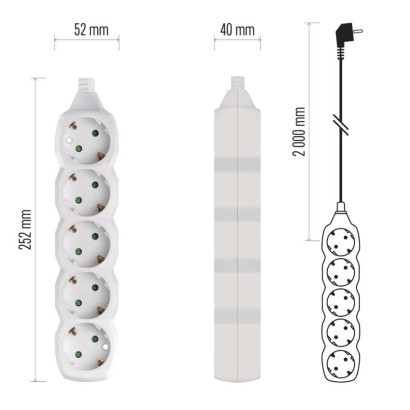 Prailginimo laidas 2 m / 5 lizdai / baltas / PVC / 1 mm2
