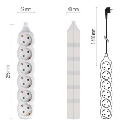 Prailginimo laidas 1,4 m / 6 lizdai / baltas / PVC / 1 mm2