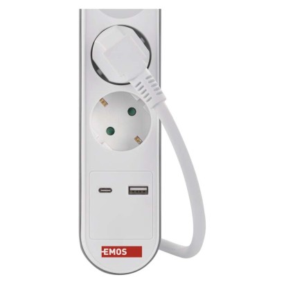 Ilgintuvas 2 m / 3 lizdai / su jungikliu / baltas / 1× USB-A + 1× USB-C / 1,5 mm2 