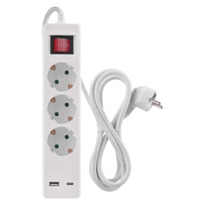 Hosszabbító 2 m / 3 aljzat / kapcsolós / fehér / 1× USB-A + 1× USB-C  / 1,5 mm2