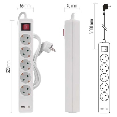 Hosszabbító 3 m / 5 aljzat / kapcsolós / fehér / 1× USB-A + 1× USB-C  / 1,5 mm2