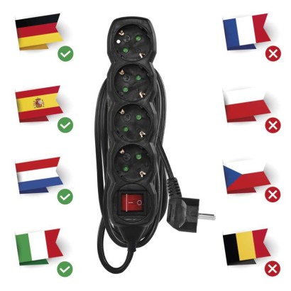 Hosszabbító 5 m / 4 aljzat / kapcsolós / fekete / PVC / 1,5 mm2