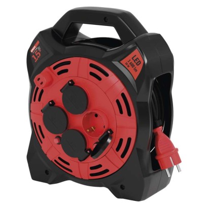 Gummi-Kabeltrommel mit LED-Strahler - 4 Steckdosen, 15m, 1,5mm2