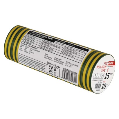 PVC izoliacinė juosta 15 mm / 10 m, žalia / geltona, 10 vnt.