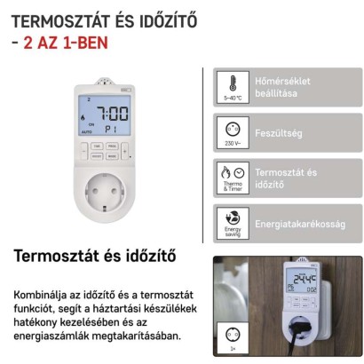 2 az 1-ben konnektoros, digitális termosztát időzítő funkcióval, schuko