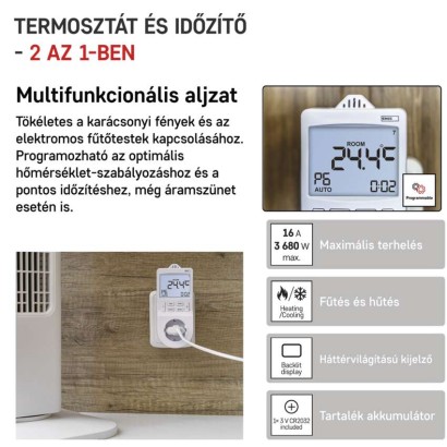 2 az 1-ben konnektoros, digitális termosztát időzítő funkcióval, schuko