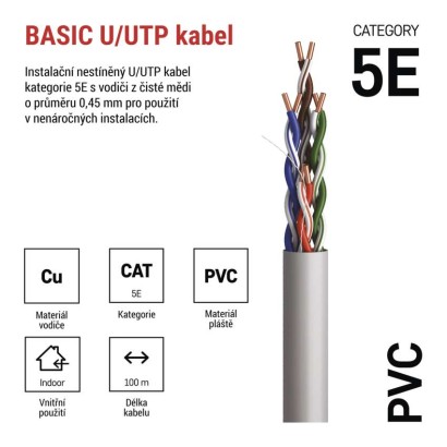 Datový kabel UTP CAT 5E PVC Basic, 100m