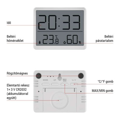 Digitális hőmérő páratartalom-mérővel, vezeték nélküli érzékelővel, óra, dátum E6210