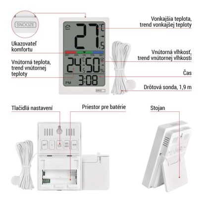 Digitálny teplomer s vlhkomerom, drôtový snímač, budík E0558P