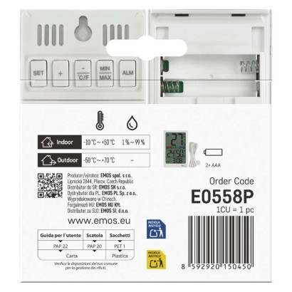 Digitālais termometrs ar mitruma mērītāju, vadu sensors, modinātājs E0558P