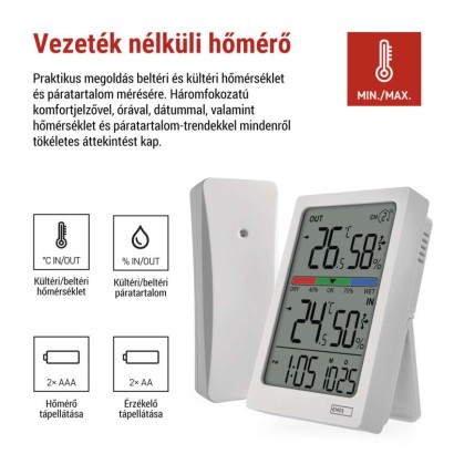 Digitális hőmérő páratartalom-mérővel, vezeték nélküli érzékelővel, óra, dátum E0558W