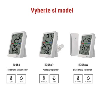 Digitálny teplomer s vlhkomerom, bezdrôtový snímač, budík, dátum E0558W