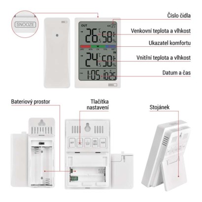 Digitální teploměr s vlhkoměrem, bezdrátové čidlo, budík, datum E0558W