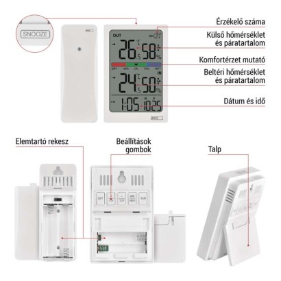 Digitális hőmérő páratartalom-mérővel, vezeték nélküli érzékelővel, óra, dátum E0558W