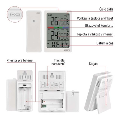 Digitálny teplomer s vlhkomerom, bezdrôtový snímač, budík, dátum E0558W