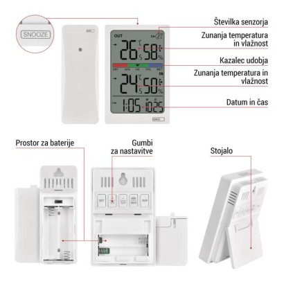 Digitalni termometer s hidrometrom, brezžični senzor, budilka, datum E0558W