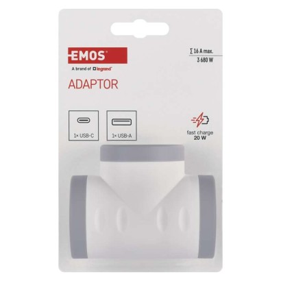 Aljzat elágazó 2×, 1×USB-A+1×USB-C, fehér-szürke