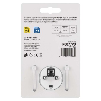 Aljzat elágazó 2×, 1×USB-A+1×USB-C, fehér-szürke