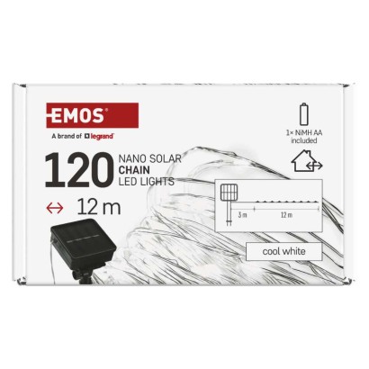LED nano řetěz se solárním panelem, 12 m, venkovní i vnitřní, studená bílá, časovač