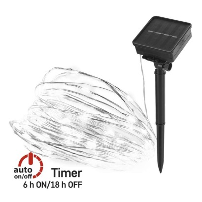 LED nano řetěz se solárním panelem, 12 m, venkovní i vnitřní, studená bílá, časovač