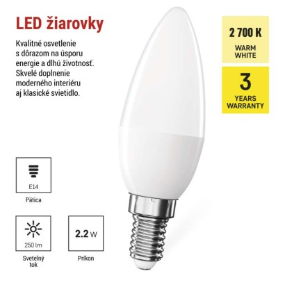 LED žiarovka Classic sviečka / E14 / 2,2 W (25 W) / 250 lm / teplá biela