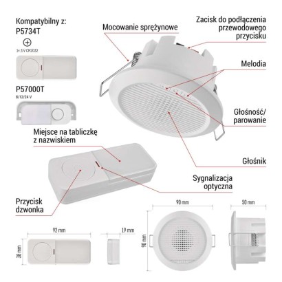 Dzwonek przewodowy/bezprzewodowy P57103, wbudowany
