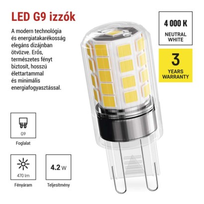 LED izzó Classic JC / G9 / 4,2 W (40 W) / 470 lm / Természetes fehér / 2 pcs