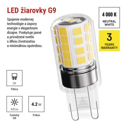 LED žiarovka Classic JC / G9 / 4,2 W (40 W) / 470 lm / Neutrálna biela / 2 ks