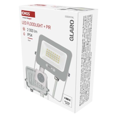 LED reflektor GLARO s pohybovým čidlom, 20 W, biely, IP54, 2000 lm, neutrálna biela