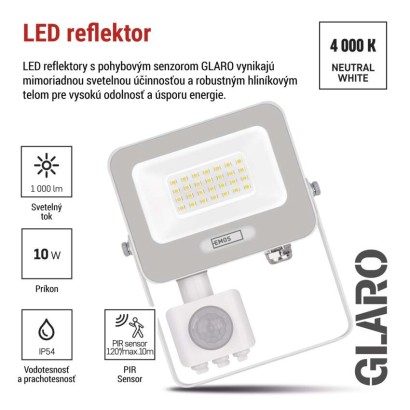 LED reflektor GLARO s pohybovým čidlom, 20 W, biely, IP54, 2000 lm, neutrálna biela