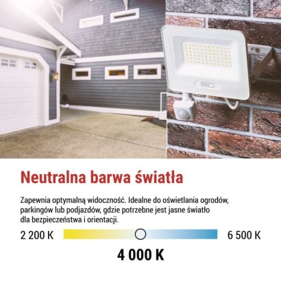 Naświetlacz LED GLARO PIR 20 W, biały, IP54, 2000 lm, neutralna biel