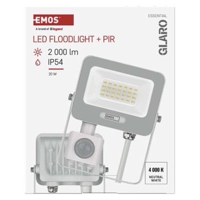 LED reflektor GLARO s pohybovým čidlom, 20 W, biely, IP54, 2000 lm, neutrálna biela