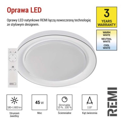 Oprawa LED REMI 45W regulowana CCT, ściemnialna, z pilotem