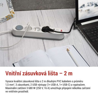 Prodlužovací kabel 2 m / 3 zásuvky / s vypínačem / bílo-šedý / 1×USB-A + 1×USB-C / 1,5 mm2