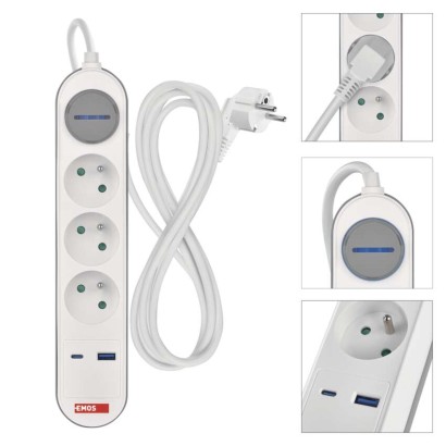 Prodlužovací kabel 2 m / 3 zásuvky / s vypínačem / bílo-šedý / 1×USB-A + 1×USB-C / 1,5 mm2