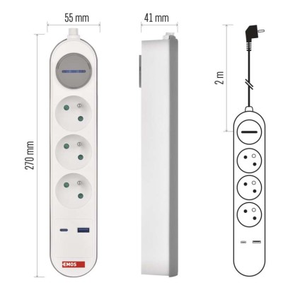 Prodlužovací kabel 2 m / 3 zásuvky / s vypínačem / bílo-šedý / 1×USB-A + 1×USB-C / 1,5 mm2