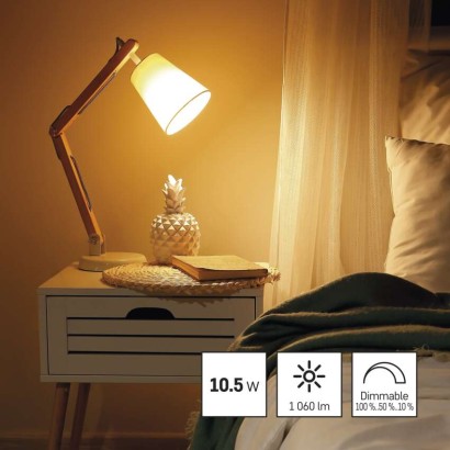 LED žárovka Classic A60 / E27 / 10,5 W (75 W) / 1 060 lm / teplá bílá /krokově stmívatelná