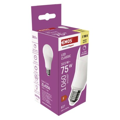 LED žárovka Classic A60 / E27 / 10,5 W (75 W) / 1 060 lm / teplá bílá /krokově stmívatelná