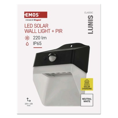 EMOS LED SOLAR lámpatest LUNIS PIR, 200lm IP65 természetes fehér
