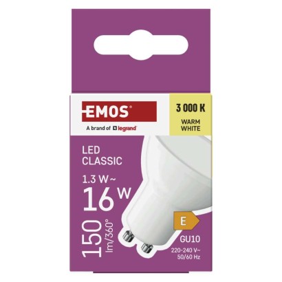 LED žiarovka Classic MR16 biela/ GU10 / 1,3 W (16 W) / 150 lm / Teplá biela
