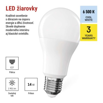 LED žiarovka Classic A60 / E27 / 14 W (120 W) / 1901 lm / Studená biela