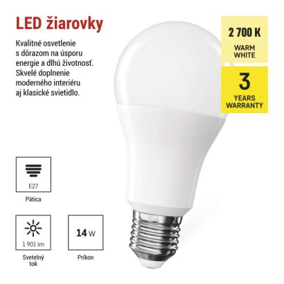 LED žiarovka Classic A60 / E27 / 14 W (120 W) / 1901 lm / Teplá biela