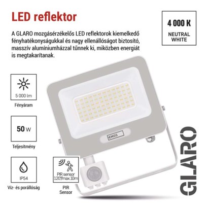 LED reflektor GLARO PIR 50 W, fehér, IP54, 5000 lm, természetes fehér