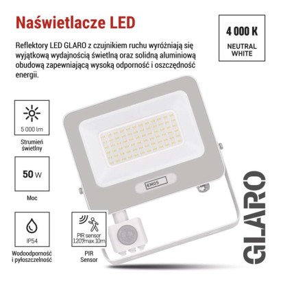 Naświetlacz LED GLARO PIR 50 W, biały, IP54, 5000 lm, neutralna biel
