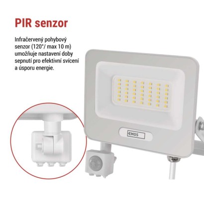 LED reflektor GLARO s pohybovým čidlem, 50 W, bílý, IP54, 5000 lm, neutrální bílá